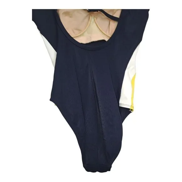 Vintage Liz Claiborne Blue Yellow Racer Stripe Open Back One Piece Swimsuit USA - Picture 2 of 10